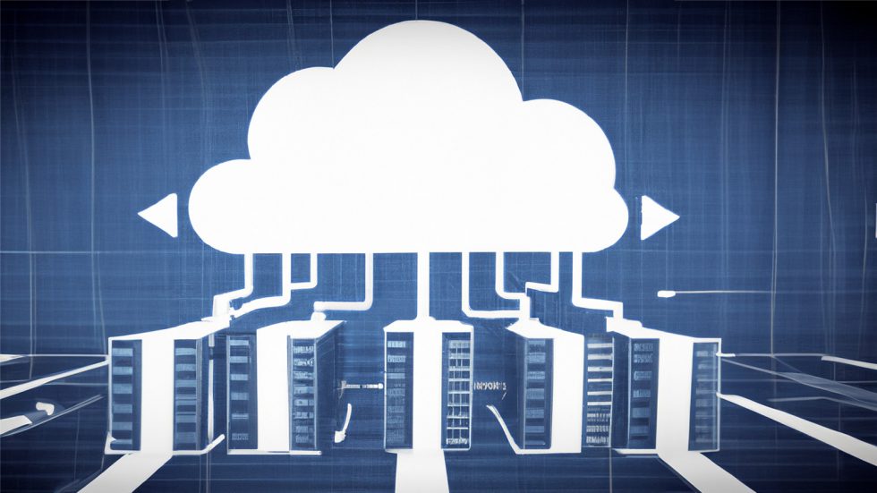 immagine che raffigura illustrazione di una nuvola bianca collegata digitalmente a una fila di server su sfondo blu tecnologico