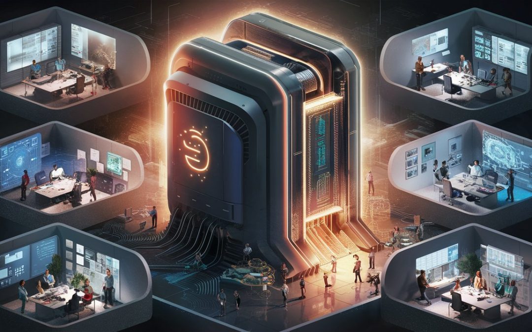 Immagine che raffigura una grafica digitale in stile isometrico dove un imponente supercomputer centrale, illuminato e futuristico, è connesso tramite cavi a diversi uffici circostanti, simboleggiando l'integrazione tra potenza di calcolo e tessuto lavorativo