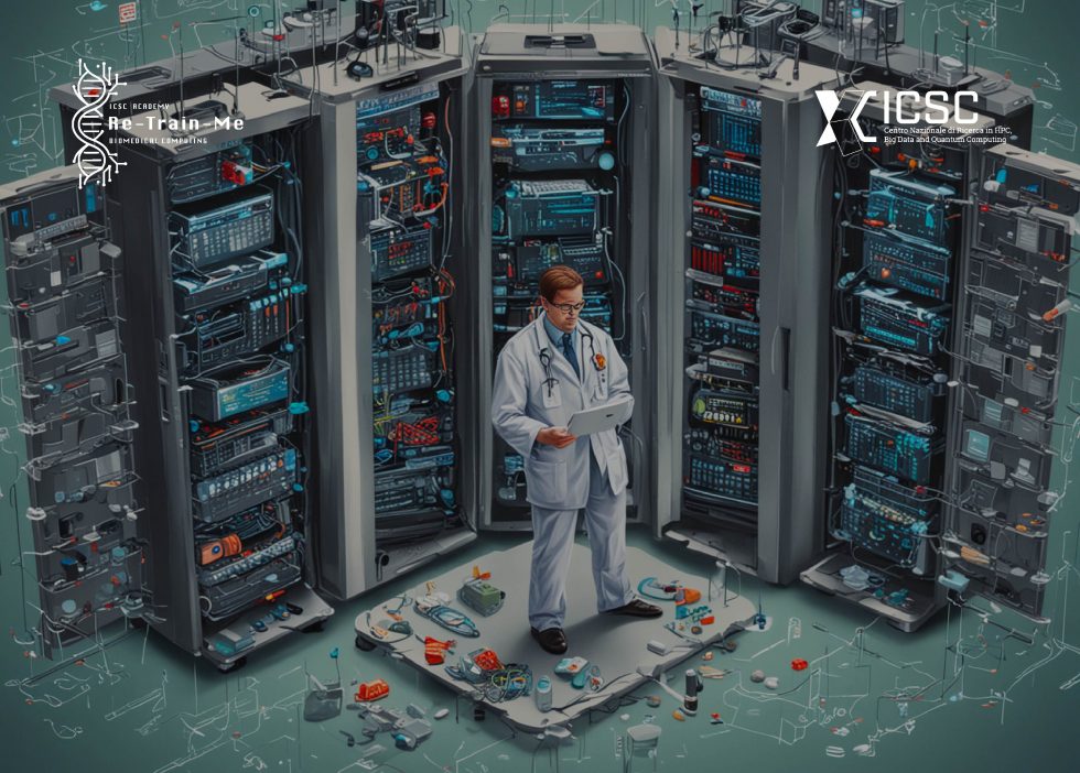 Immagine che raffigura l'illustrazione di un medico davanti a server informatici