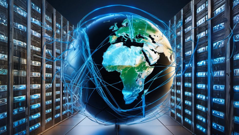 Immagine che raffigura una rappresentazione artistica in cui il globo terrestre, avvolto da una rete di connessioni digitali blu luminose, è posizionato al centro di un corridoio tra due imponenti file di server rack. La composizione simboleggia l'applicazione del supercalcolo allo studio del sistema Terra e del clima