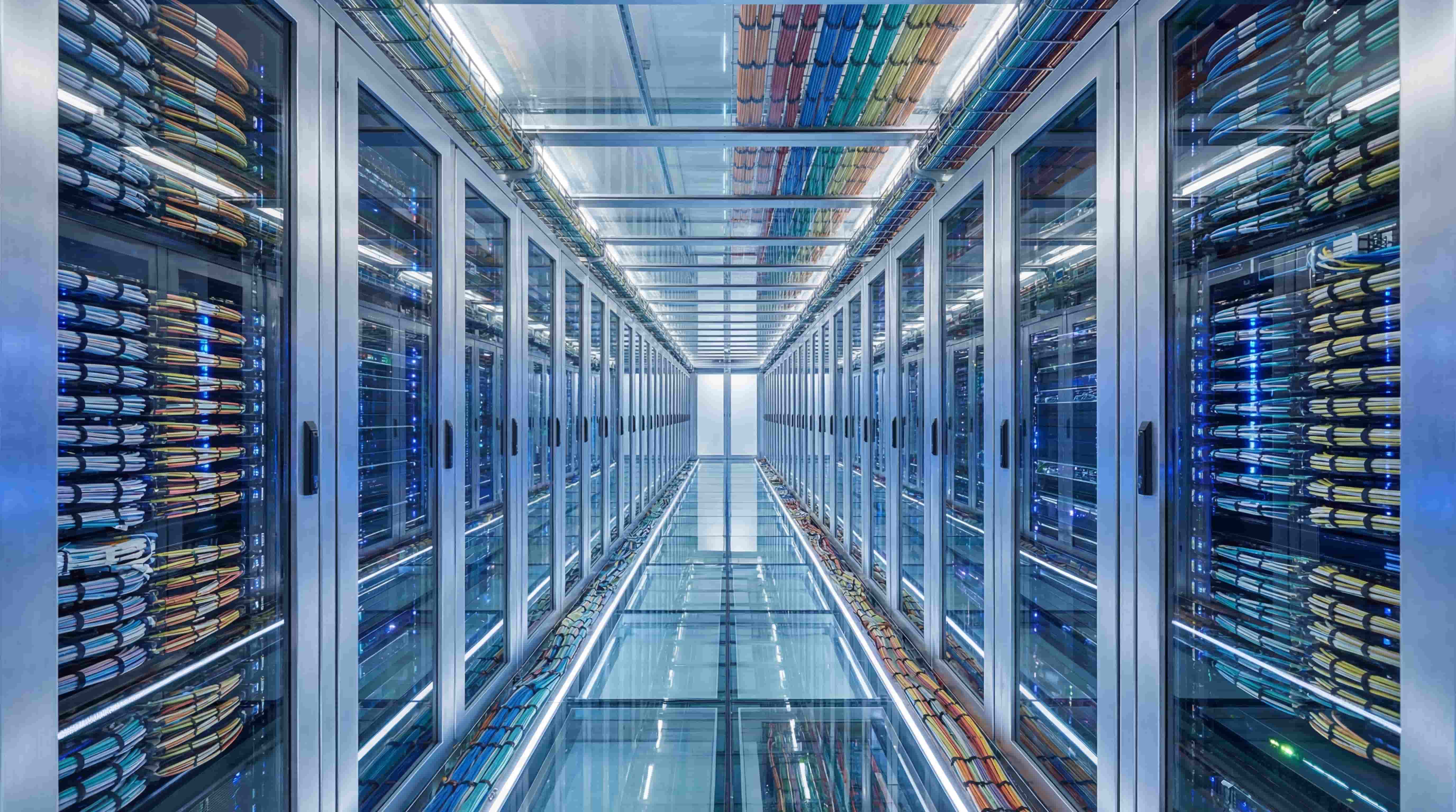 Immagine che rappresenta il lungo corridoio di un moderno data center. Ai lati si allineano file di armadi rack con ante a vetri, che mostrano server e fasci di cavi di rete multicolori (blu, gialli, arancioni, verdi) perfettamente ordinati. L'ambiente è caratterizzato da un'illuminazione fredda e brillante, passerelle per cavi aeree e un pavimento in vetro trasparente che rivela ulteriori cablaggi sottostanti.